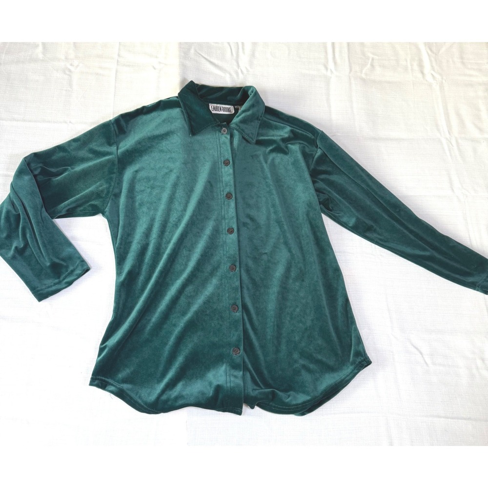 Lauren‎ Brooke Forest Green Velvet Button Down Shirt Long Sleeve Blouse Size M